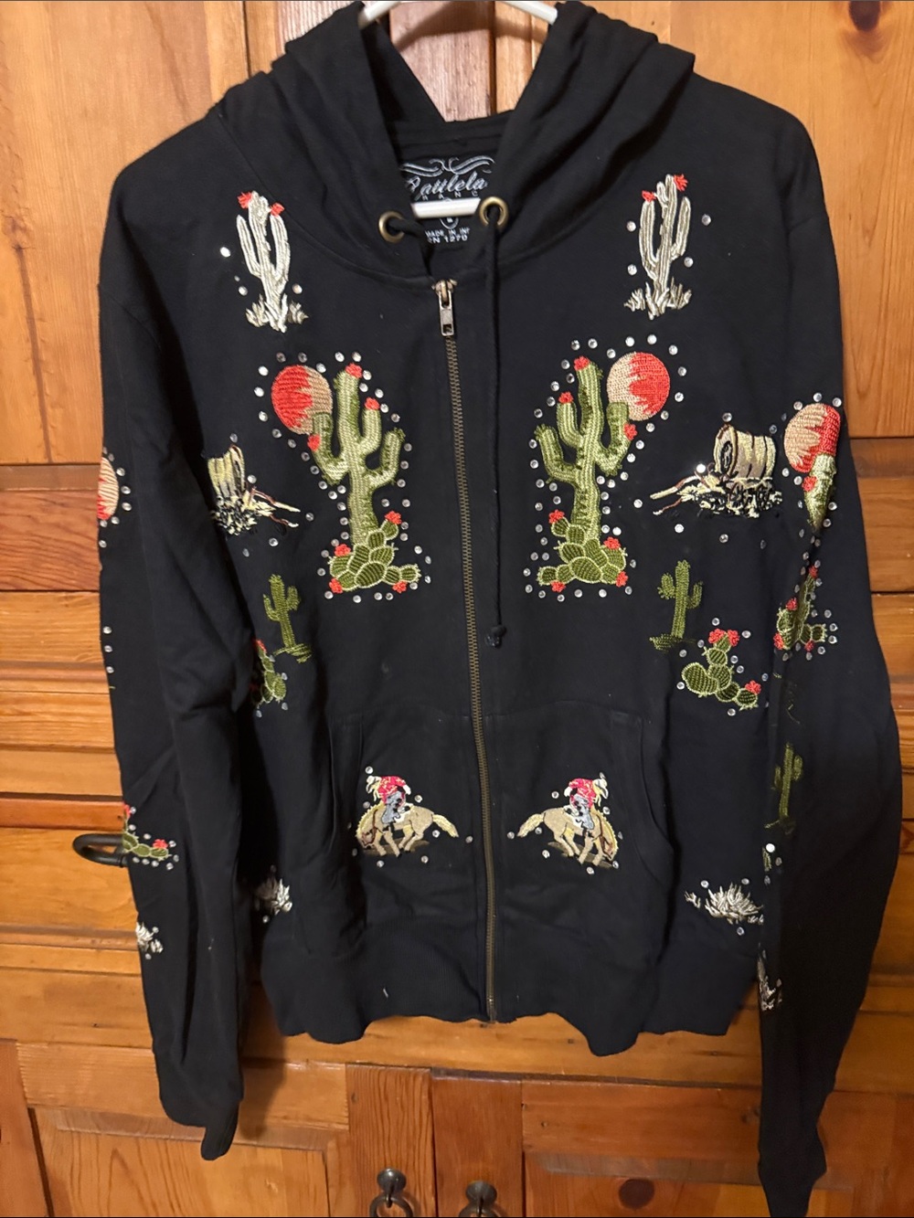 Embroidered Black Zip-Up Hoodie with Cactus & Rodeo Motifs